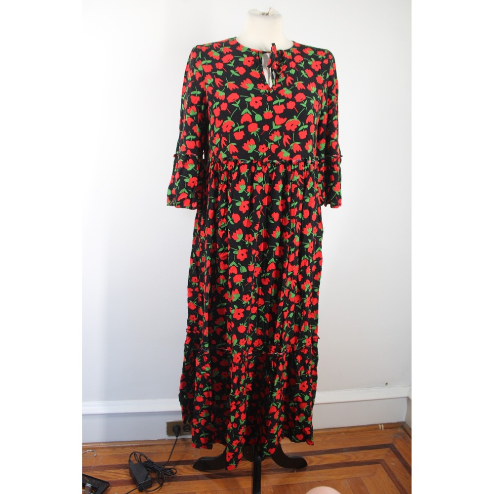 Gallery UK 12 (US 8) Red Floral Tiered Maxi Dress Long Sleeve Keyhole Viscose